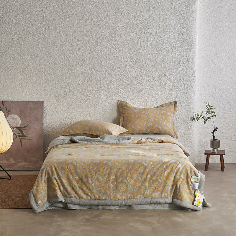 Collezione di biancheria da letto in garza di cotone floreale neutra