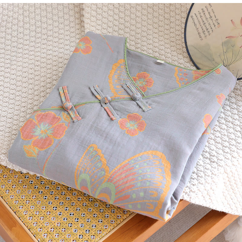 Camicia da notte elegante in puro cotone con farfalle e fiori
