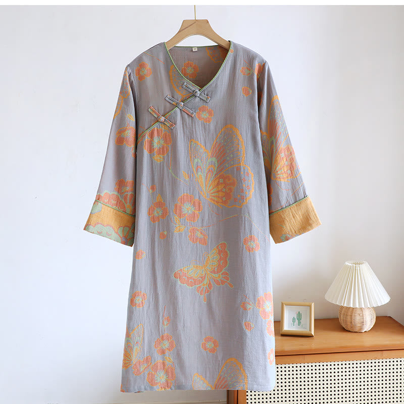 Elegante camicia da notte in puro cotone con motivo a farfalle e fiori. - Grigio chiaro - XL - image 0