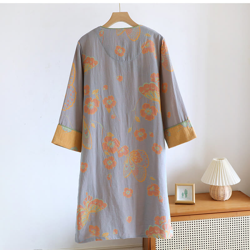 Camicia da notte elegante in puro cotone con farfalle e fiori