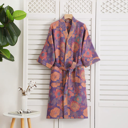 Accappatoio vintage floreale in garza di cotone con scollo a V