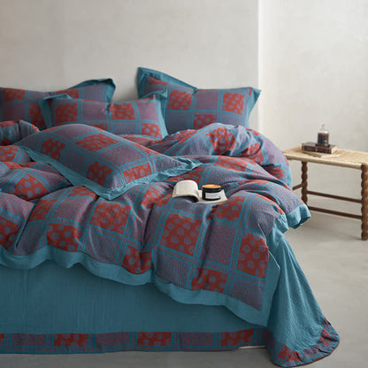 Set di biancheria da letto in garza di cotone con stampa quadrata retrò (4 pezzi)