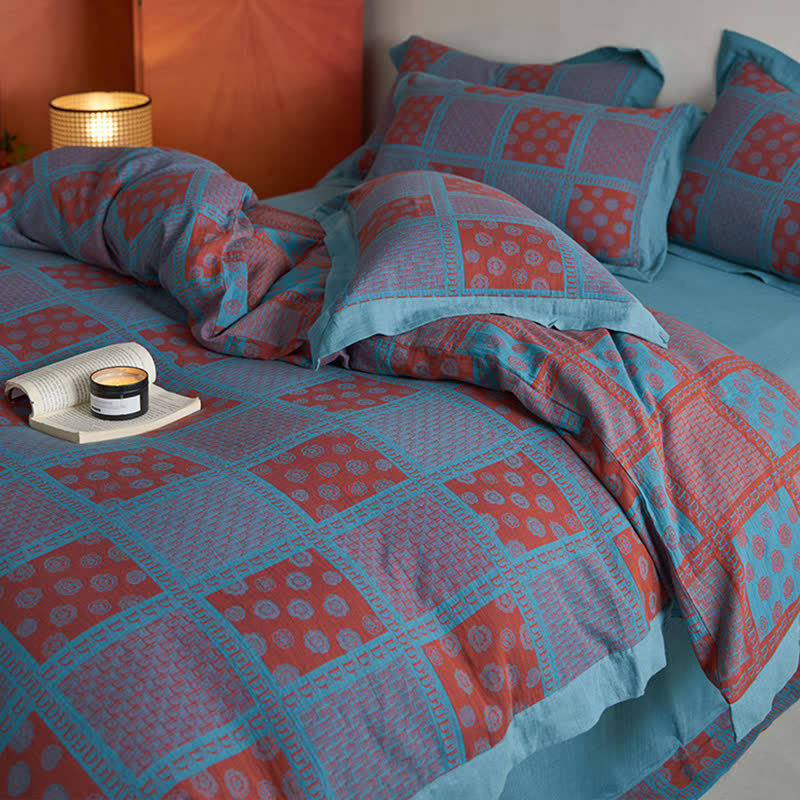 Set di biancheria da letto in garza di cotone con stampa quadrata retrò (4 pezzi)