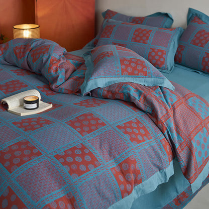 Set di biancheria da letto in garza di cotone con stampa quadrata retrò (4 pezzi)
