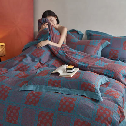Set di biancheria da letto in garza di cotone con stampa quadrata retrò (4 pezzi)