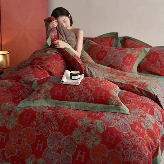 Set di biancheria da letto in stile retrò in jacquard di cotone (4 pezzi)