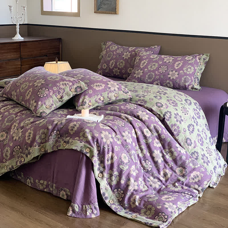 Set di biancheria da letto con bottoni in garza di cotone in stile floreale (4 pezzi)
