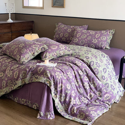 Set di biancheria da letto con bottoni in garza di cotone in stile floreale (4 pezzi)