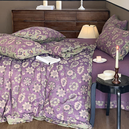Set di biancheria da letto con bottoni in garza di cotone in stile floreale (4 pezzi)