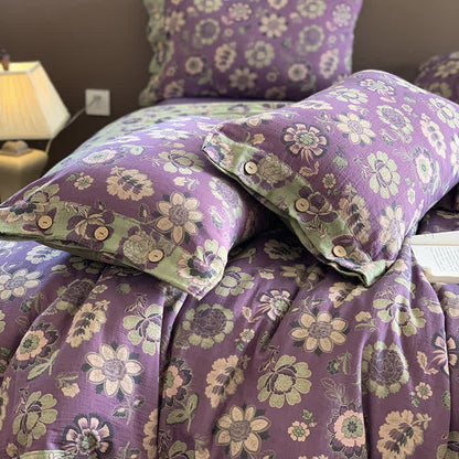 Set di biancheria da letto con bottoni in garza di cotone in stile floreale (4 pezzi)