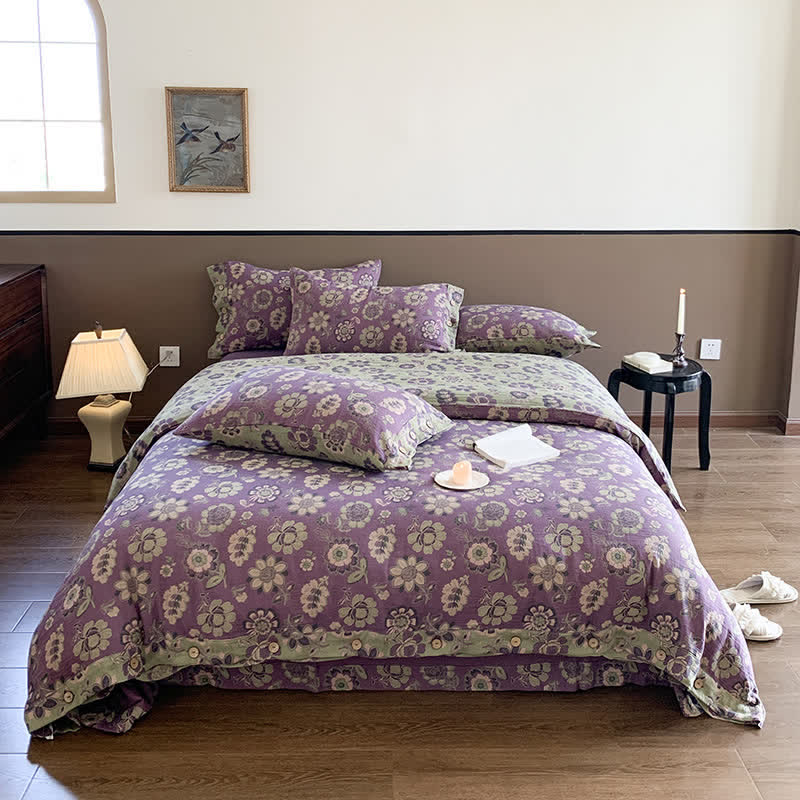 Set di biancheria da letto con bottoni in garza di cotone in stile floreale (4 pezzi)