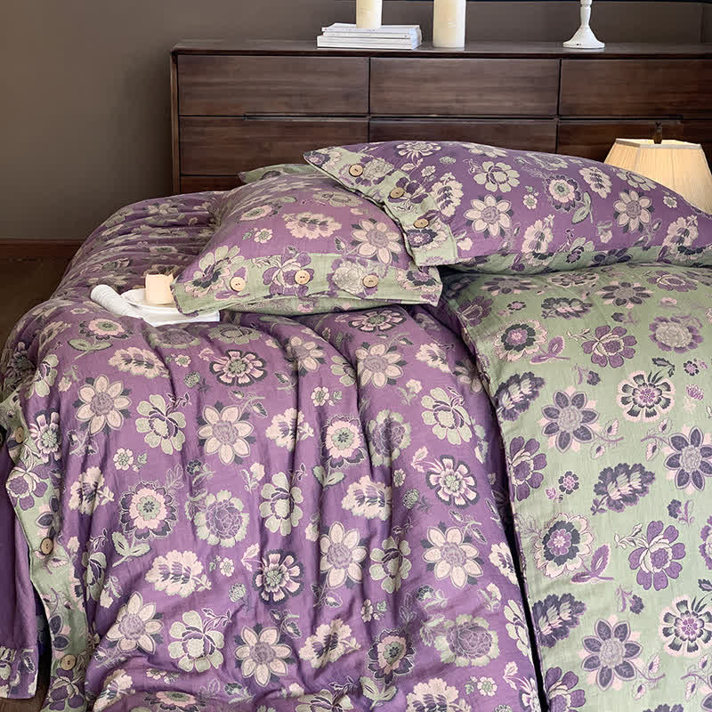 Set di biancheria da letto con bottoni in garza di cotone in stile floreale (4 pezzi)