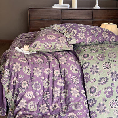 Set di biancheria da letto con bottoni in garza di cotone in stile floreale (4 pezzi)
