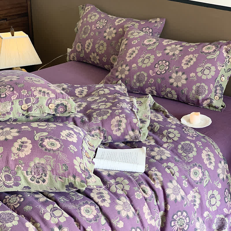Set di biancheria da letto con bottoni in garza di cotone in stile floreale (4 pezzi)