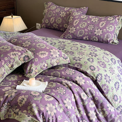 Set di biancheria da letto con bottoni in garza di cotone in stile floreale (4 pezzi)