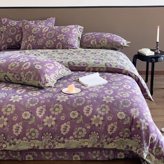 Set di biancheria da letto con bottoni in garza di cotone in stile floreale (4 pezzi)