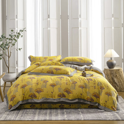 Set di biancheria da letto in garza di cotone con foglie di ginkgo vintage (4 pezzi)