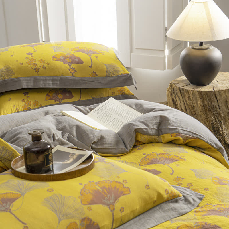 Set di biancheria da letto in garza di cotone con foglie di ginkgo vintage (4 pezzi)