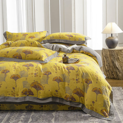 Set di biancheria da letto in garza di cotone con foglie di ginkgo vintage (4 pezzi)