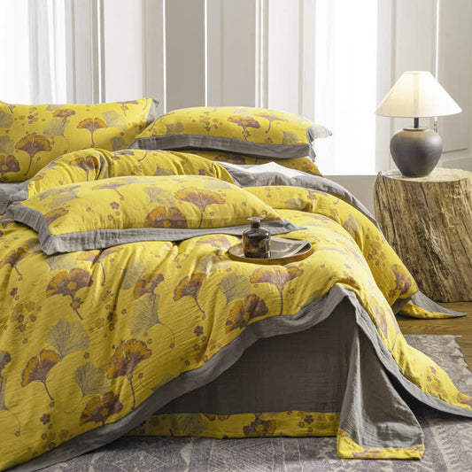 Set di biancheria da letto in garza di cotone con foglie di ginkgo vintage (4 pezzi)