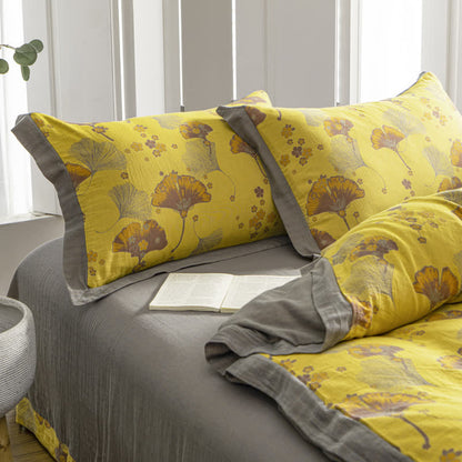 Set di biancheria da letto in garza di cotone con foglie di ginkgo vintage (4 pezzi)