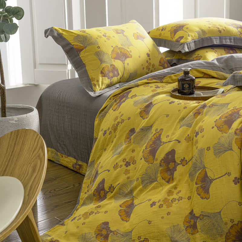 Set di biancheria da letto in garza di cotone con foglie di ginkgo vintage (4 pezzi)