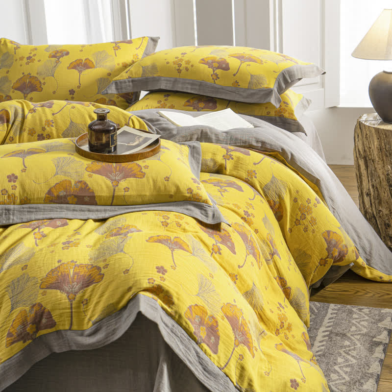 Set di biancheria da letto in garza di cotone con foglie di ginkgo vintage (4 pezzi)