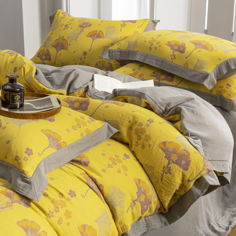 Set di biancheria da letto in garza di cotone con foglie di ginkgo vintage (4 pezzi)
