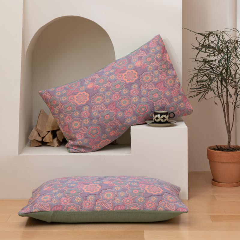 Trapunta reversibile in garza di cotone jacquard a fiori