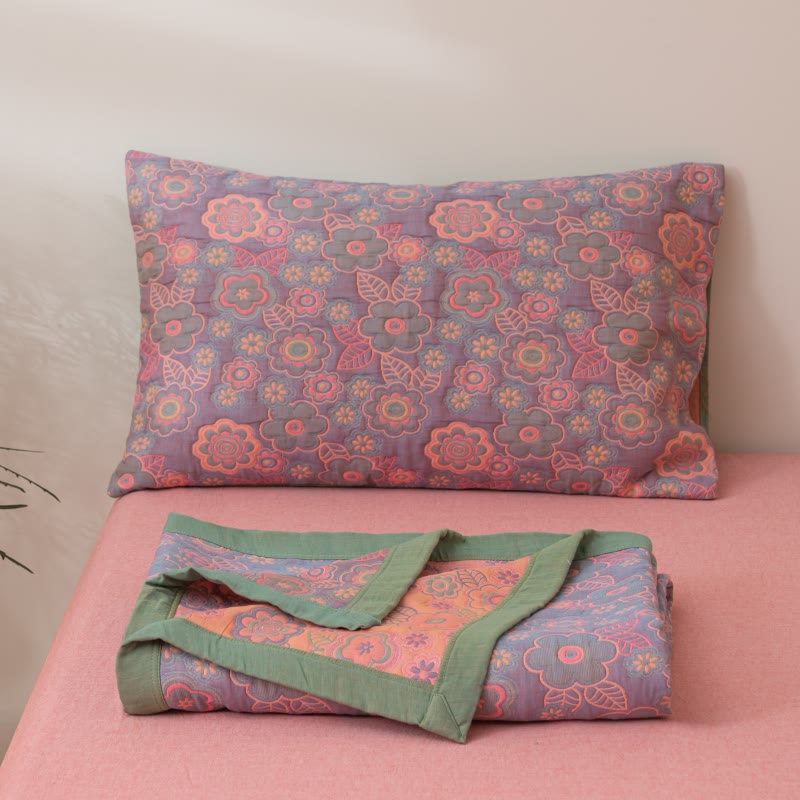 Trapunta reversibile in garza di cotone jacquard a fiori