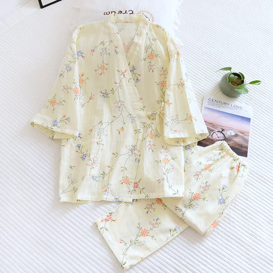 Pigiama Kimono in garza di cotone a fiori