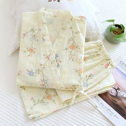 Pigiama Kimono in garza di cotone a fiori