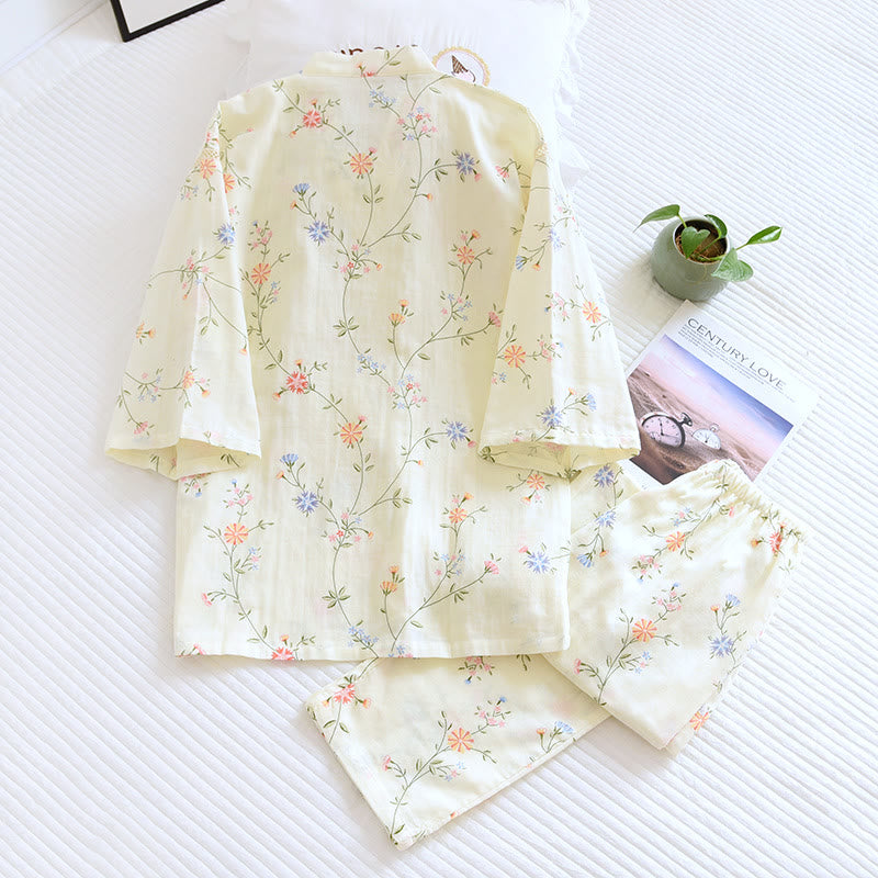 Pigiama Kimono in garza di cotone a fiori