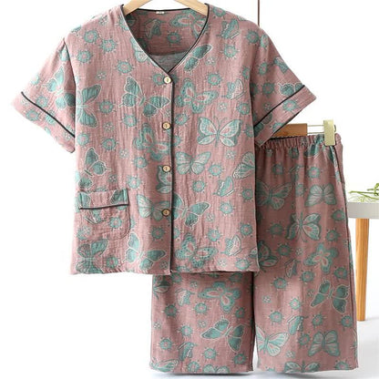 Completo da casa con pantaloni corti in cotone a farfalla