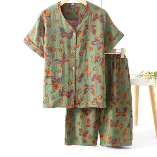 Completo da casa con pantaloni corti in cotone a farfalla