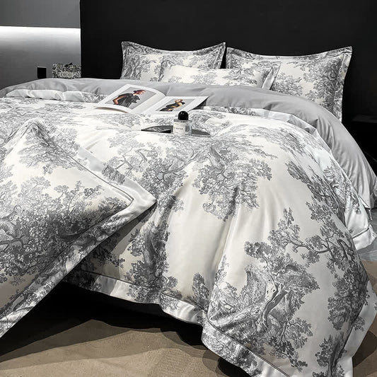 Set di biancheria da letto estiva traspirante con motivo floreale rustico (4 pezzi) - Grigio - Matrimoniale Grande - image 1