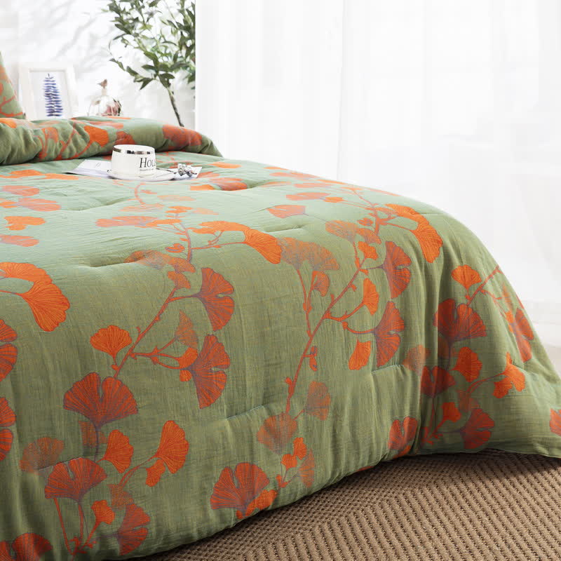 Biancheria da letto rustica in garza di cotone con foglie di ginkgo