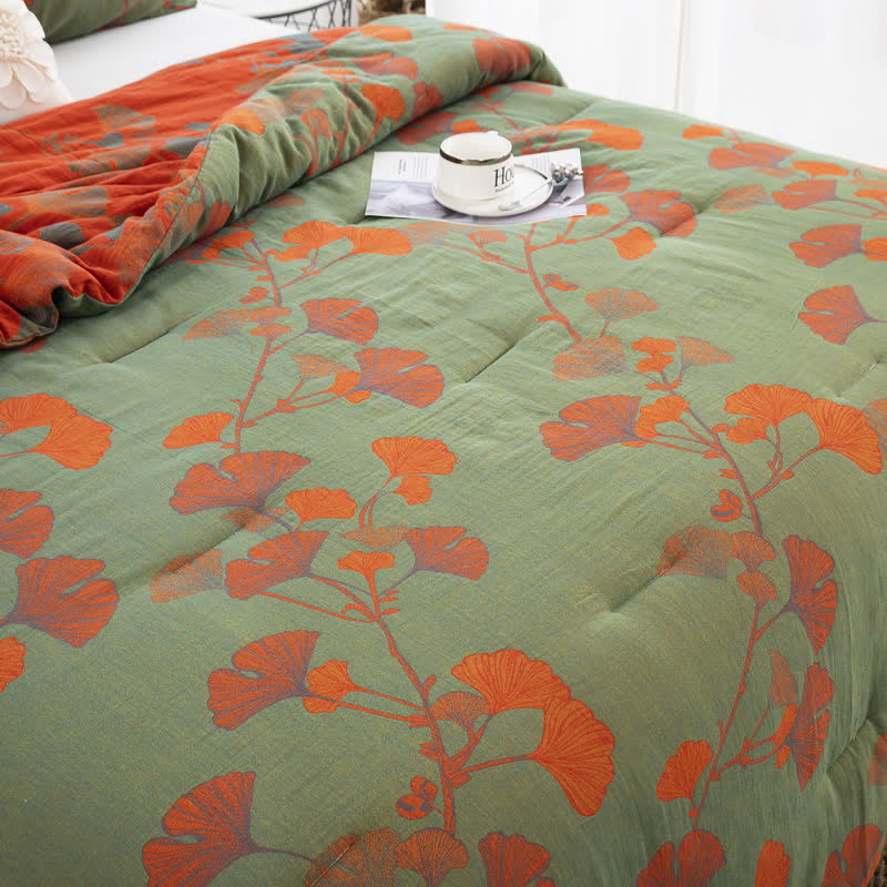 Biancheria da letto rustica in garza di cotone con foglie di ginkgo