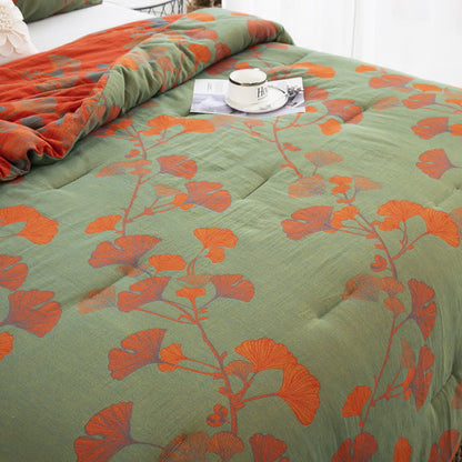 Biancheria da letto rustica in garza di cotone con foglie di ginkgo
