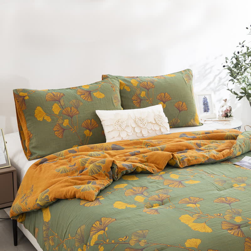 Biancheria da letto rustica in garza di cotone con foglie di ginkgo