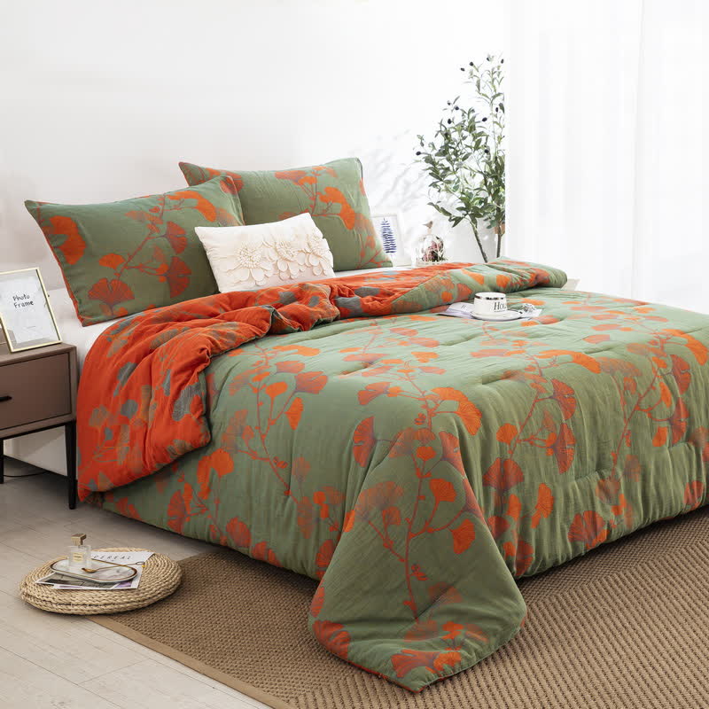 Biancheria da letto rustica in garza di cotone con foglie di ginkgo