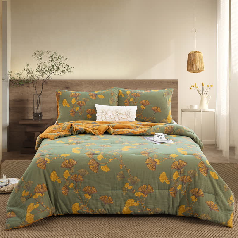 Biancheria da letto rustica in garza di cotone con foglie di ginkgo