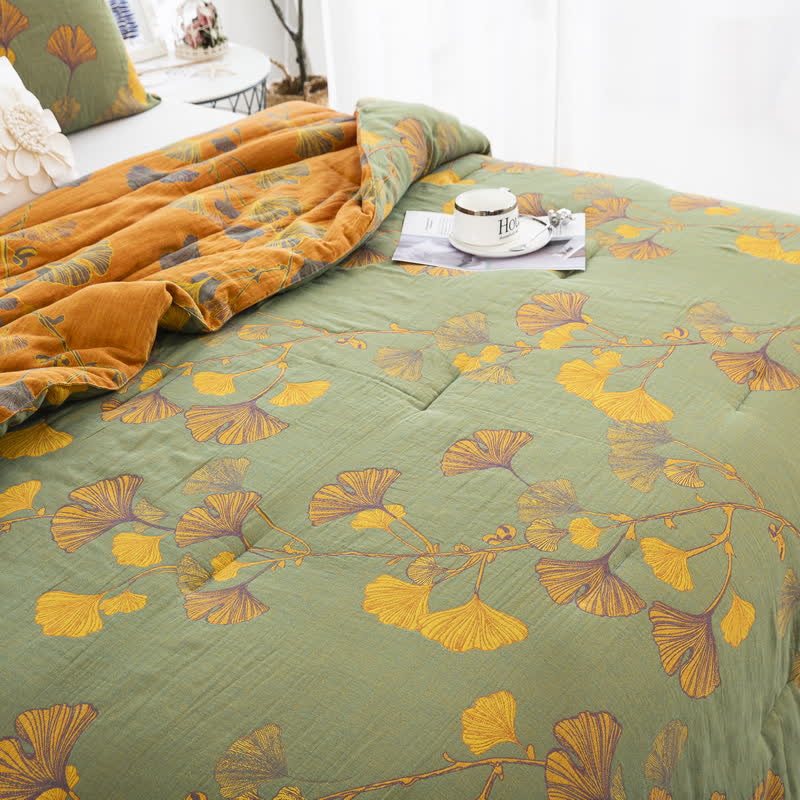 Biancheria da letto rustica in garza di cotone con foglie di ginkgo