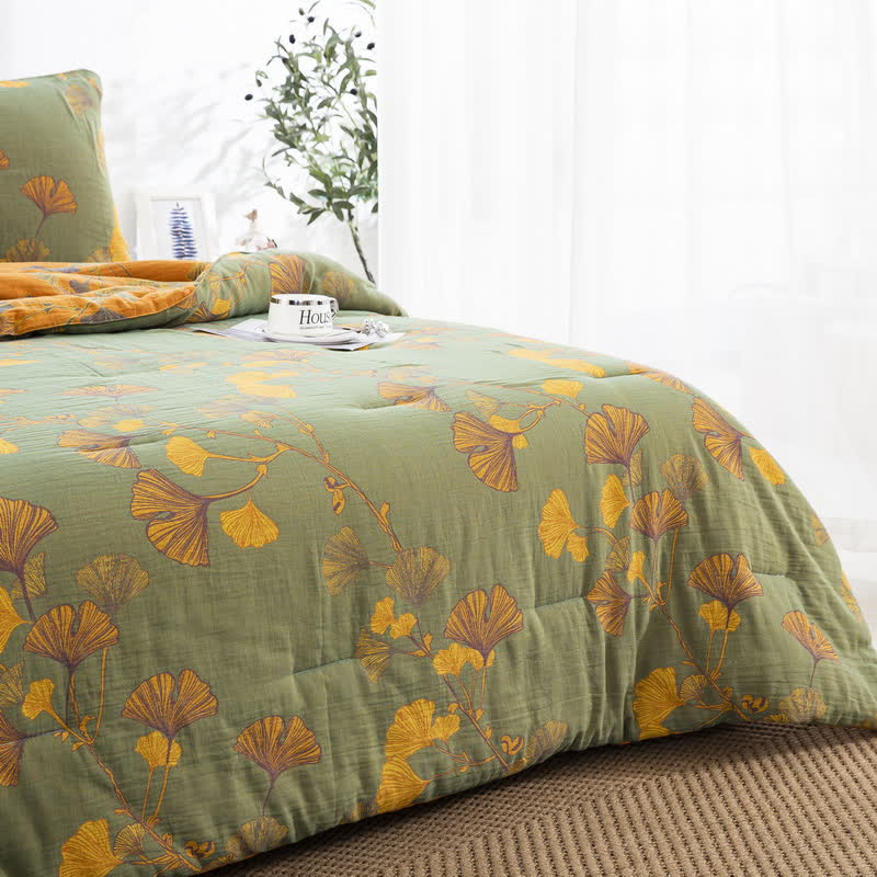 Biancheria da letto rustica in garza di cotone con foglie di ginkgo