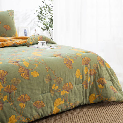 Biancheria da letto rustica in garza di cotone con foglie di ginkgo