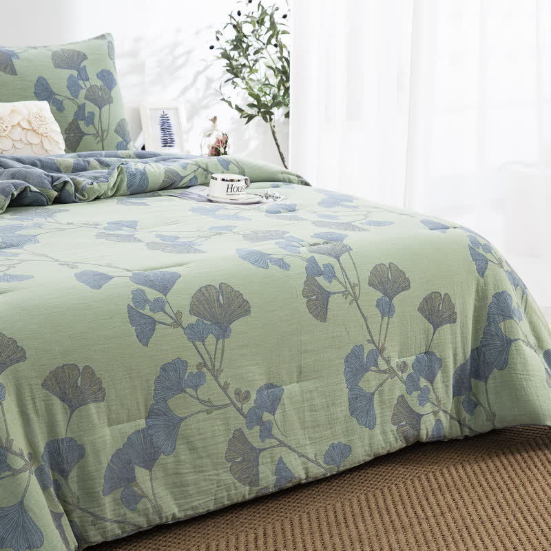 Biancheria da letto rustica in garza di cotone con foglie di ginkgo