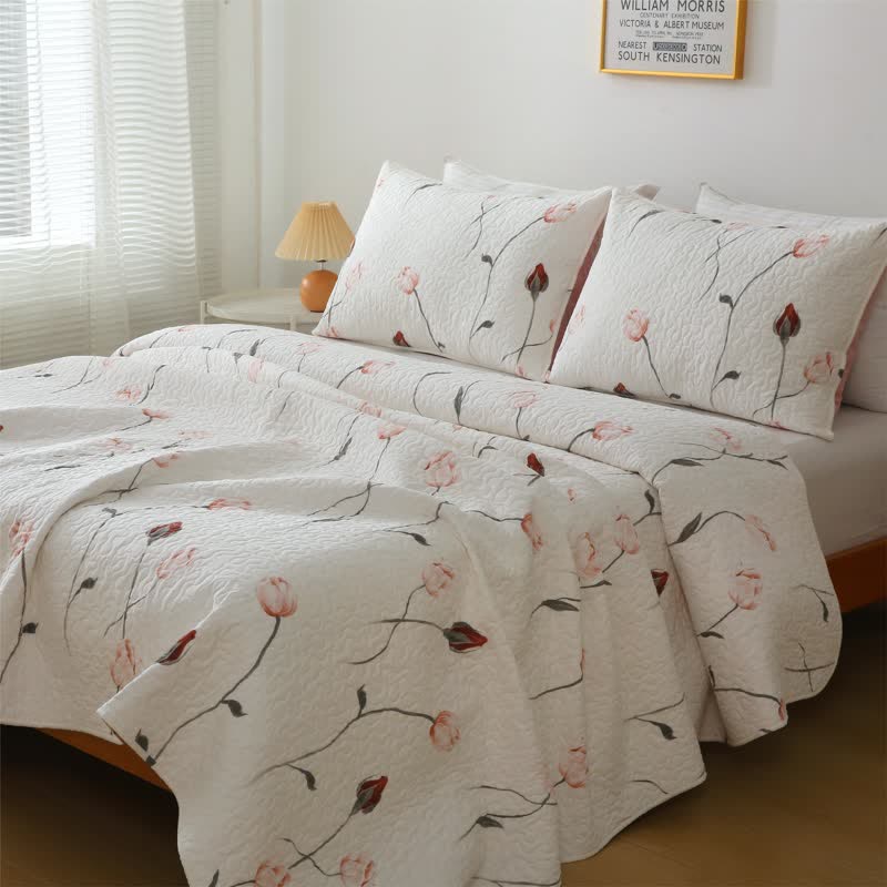 Elegante biancheria da letto trapuntata in puro cotone rosa