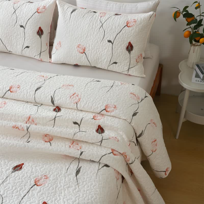 Elegante biancheria da letto trapuntata in puro cotone rosa