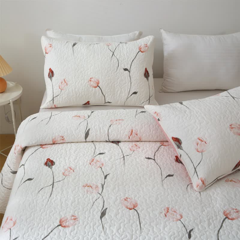 Elegante biancheria da letto trapuntata in puro cotone rosa