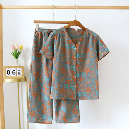 Abbigliamento da casa in cotone con scollo a V e motivo jacquard a fiori vistosi